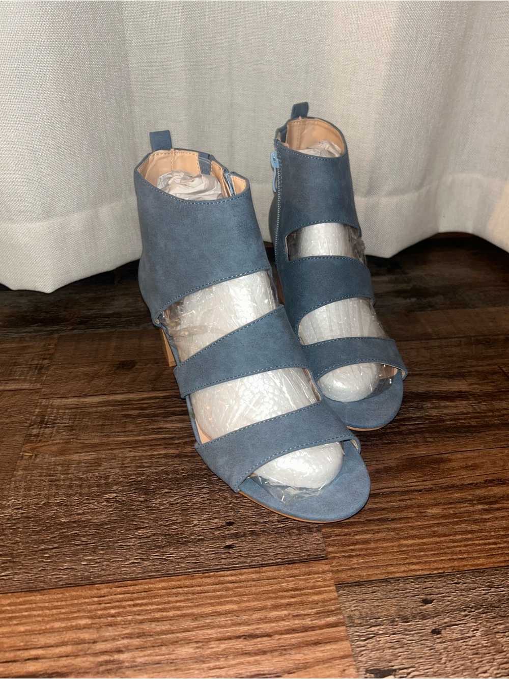 Suede Strappy Open-Toe Heels in Dusty Blue